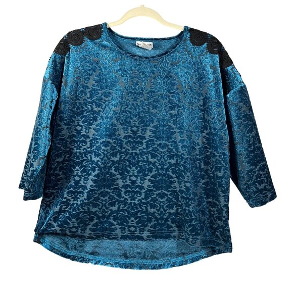 Bon Worth Tops - Bon Worth Teal & Black Floral Lace Long Sleeve Top-Medium Petite